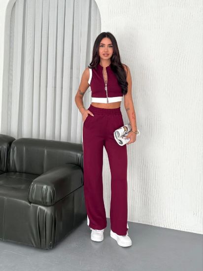 Osy Modal Yumuşak Dokulu Kumaş Tam Fermuarlı Crop Pantalon İkili Takım - Bordo resmi